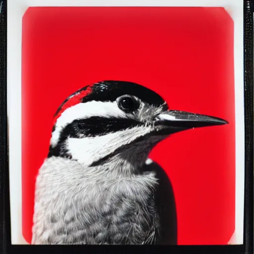 Prompt: a woodpecker wearing red hoodie, 8 0 s, polaroid photo, by warhol,