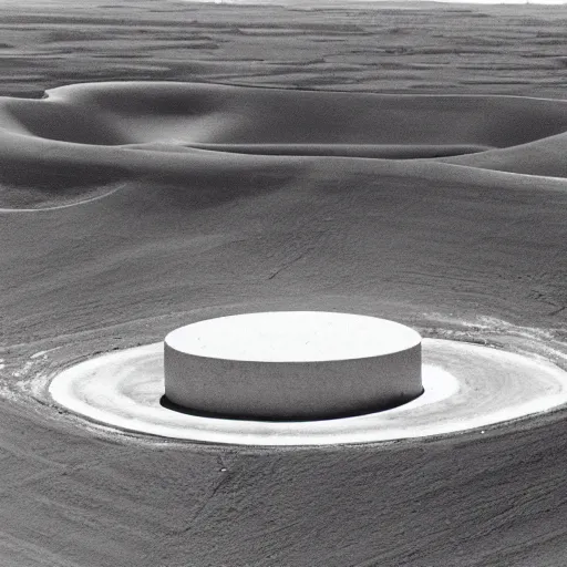 Image similar to a Non-Euclidean orb-like clay building sitting in the desert, vintage photo, beautiful cinematography, blue sky, film grain, aerial view, extreme wide shot, far away, symmetrical, in the distance, James Turrell