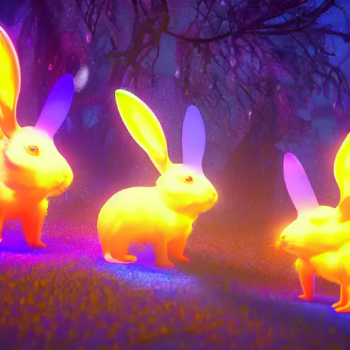 Image similar to neon fluorescent, iridescent cute bunny rabbits with fairy wings cyperpunk 2 0 7 7, unreal engine 5, 8 k ultra realistic, hyperdetailed, volumetric lighting, extremely high quality