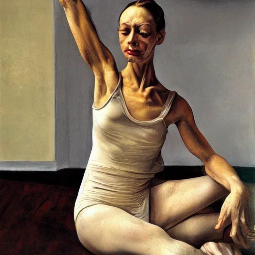 Image similar to high quality high detail painting by lucian freud, hd, exaggerated portrait of a ballerina, photorealistic lighting