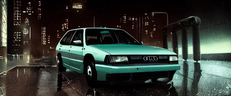 Image similar to Aqua Metallic Audi 80 RS 2 Avant (1995), black car, a gritty neo-noir, dramatic lighting, cinematic, establishing shot, extremely high detail, photorealistic, cinematic lighting, artstation, by simon stalenhag, Max Payne (PC) (2001) winter new york at night, flashing lights, Poets of the Fall - Late Goodbye