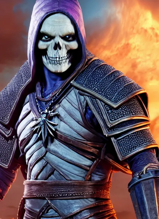 Image similar to movie still of skeletor as letho in the witcher 2, gameplay, 8 k, hd