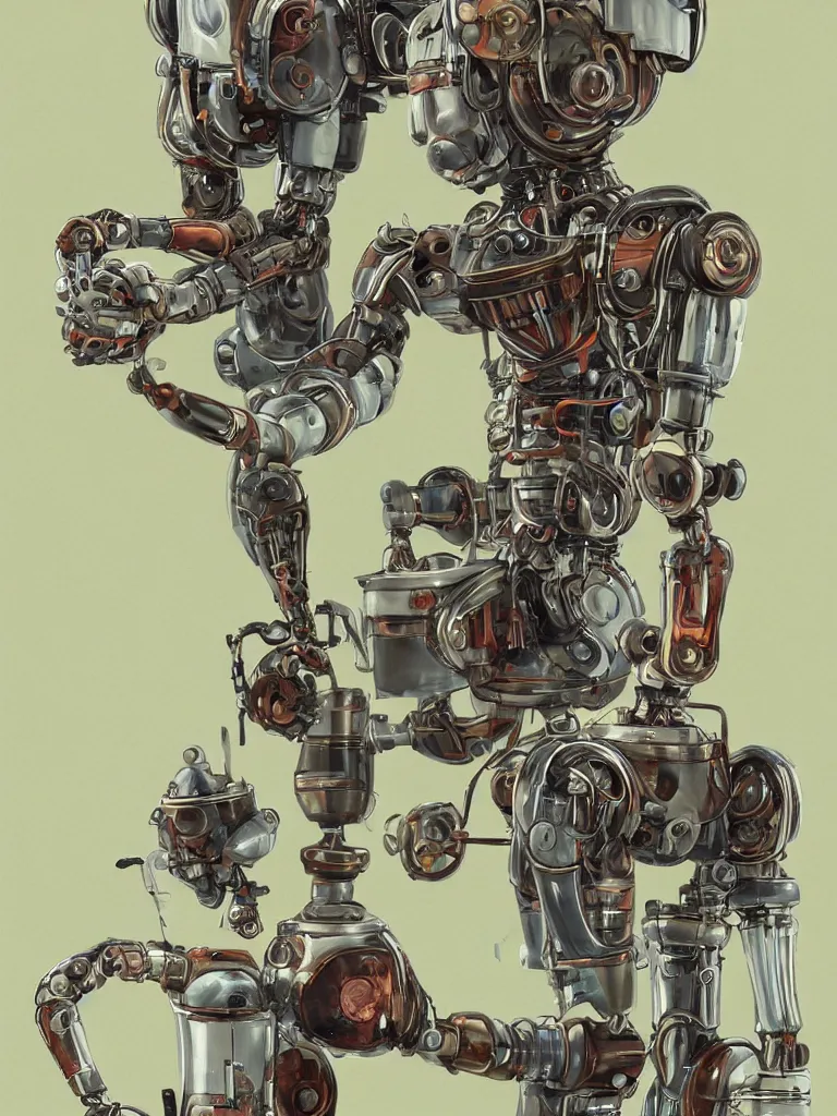 Image similar to full-length portrait of a singular old mechanical humanoid robot offering a cup of steaming coffee, by Yoshita Amano, sharp focus, fresh colors, deviantart, conceptart