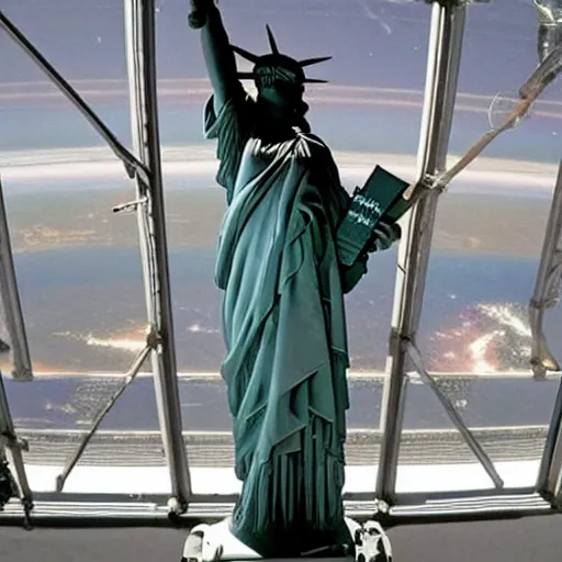 Image similar to The Statue of Liberty repurposed as a space station, cosmic sci fi