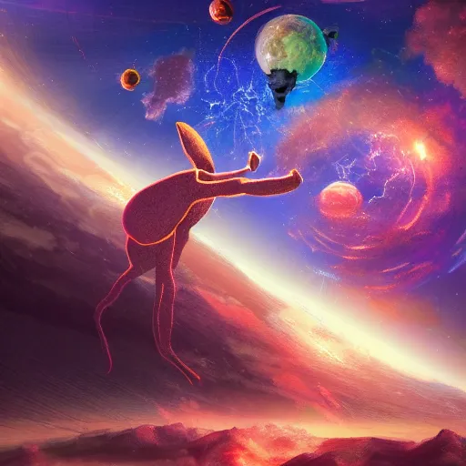 Image similar to giant energy monkey in space, digital, artstation, detailed intricate ink illustration, heavenly atmosphere, digital art, overdetailed art, concept art, complementing colors, trending on artstation, cgstudio, the most beautiful image ever created, dramatic, subtle, details, award winning artwork, beautiful scenery