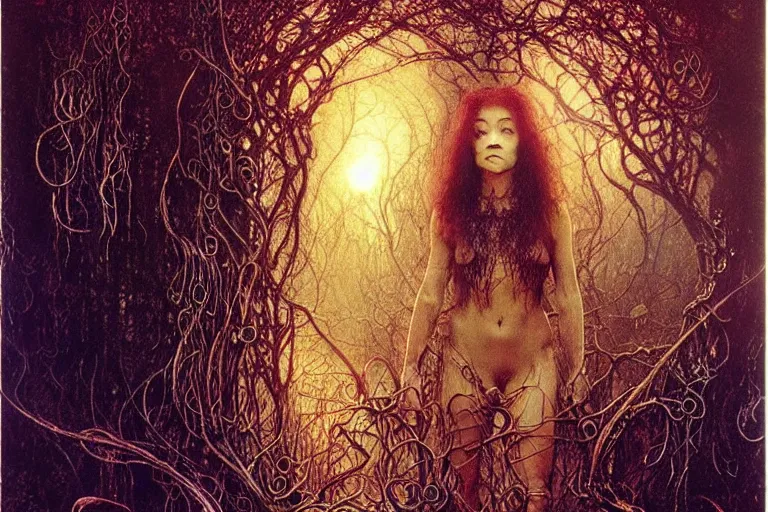 Image similar to young cute alyson hannigan knight in enchanted lovecraftian garden by jean delville, luis royo, beksinski, grimshaw