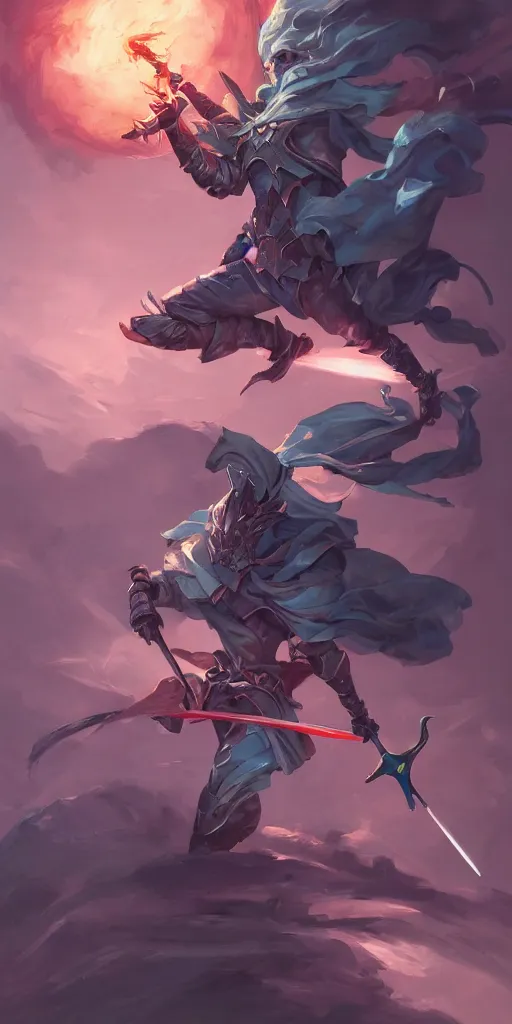 Prompt: action portrait of a magic knight fighting while casting spells with his swords, 4 k trending on artstation by peter mohrbacher