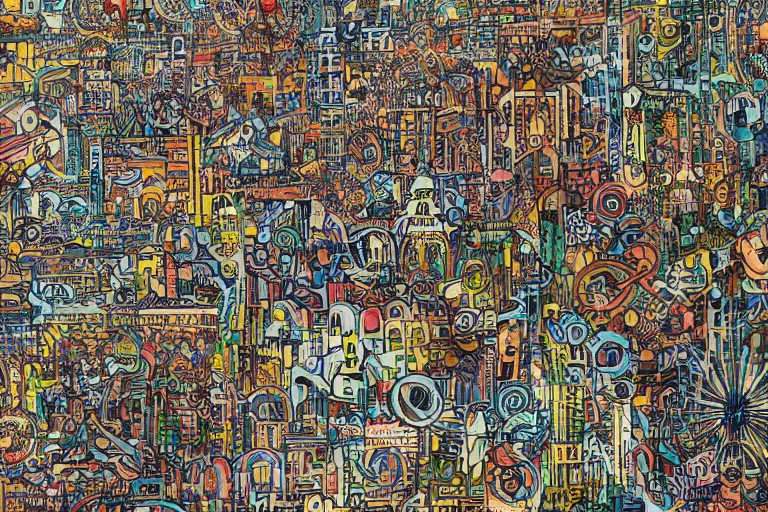 Prompt: an elaborate penned illustration of a colorful intricate connected city of tubes and pipes, by jan van haasteren