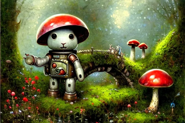 Image similar to adventurer ( ( ( ( ( 1 9 5 0 s retro future robot android mouse in forrest of giant mushrooms, moss and flowers stone bridge. muted colors. ) ) ) ) ) by jean baptiste monge!!!!!!!!!!!!!!!!!!!!!!!!! chrome red