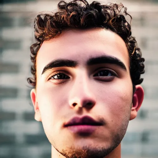 Image similar to man, low - cut curly haircut, nose a little big, broad shoulders, full mouth with pink lips, thick eyebrows, brown eyes, low lighting