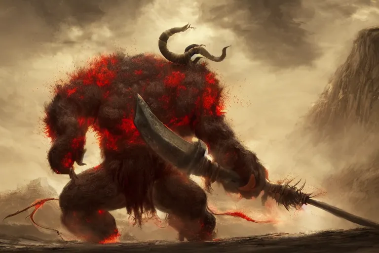 Prompt: concept art of attacking of huge red burning ogre with one horn on its head and tiny warrior, cinematic, dramatic perspective art station trending, by arthur braginsky
