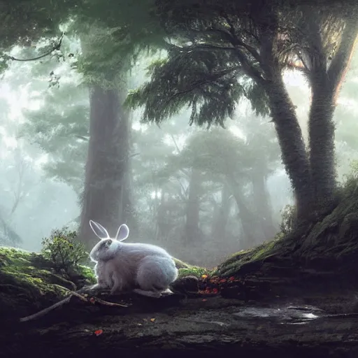 Image similar to a rabbit in the forest by a river, by stanley lau and greg rutkowski