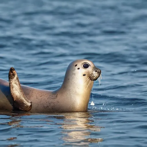 Image similar to a seal swimming at the surface of water with a seagull standing on its back