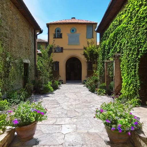 Prompt: paved porch with staircase on the left that goes to the first floor in an italian courtyard