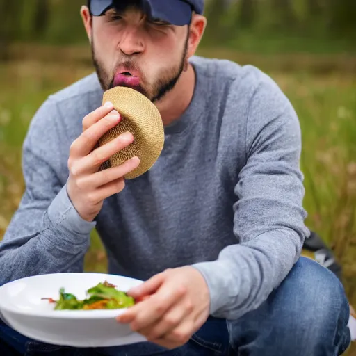 Prompt: stock photo of man eating own hat, funny, professional photography, high definition, 8k resolution
