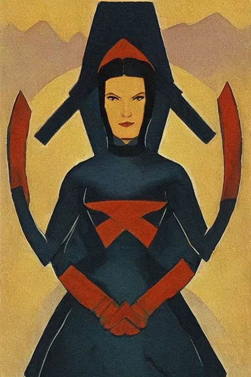 Image similar to black widow, marvel, artwork by nicholas roerich,