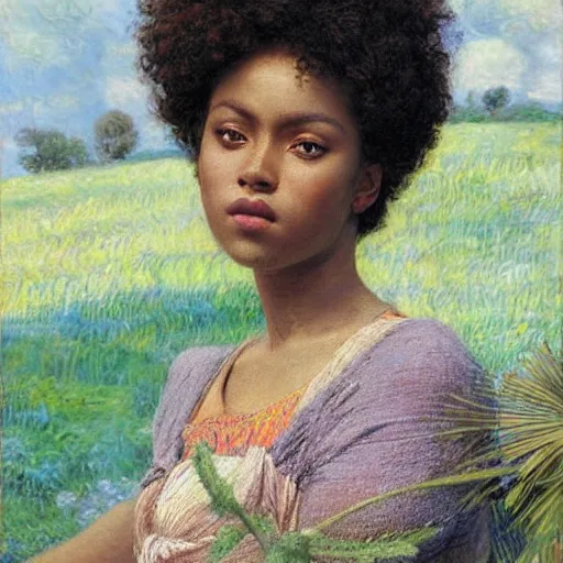 Image similar to east african woman with curly hair, simple background, fedosenko roman, j. w. godward, jose miguel roman frances, intricate details, countryside, dreamy, impressionist, figurative