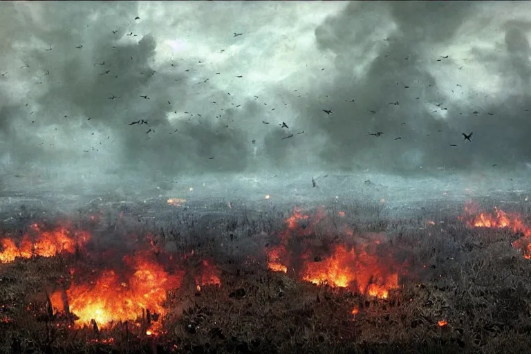 Image similar to chaotic battlefield, multiple soldiers!, thick dark smoke!, vehicles on fire, heavy rain from thick clouds, storm, overgrowth, forest, (mushroom cloud) in the background, bleak, melancholy atmosphere, bird flock flying to the horizon, band of brothers, bf1942, 4k impressionism painting by Gregory Crewdson and Grzegorz Domaradzki and Ivan Shishkin and Jakub Rozalski