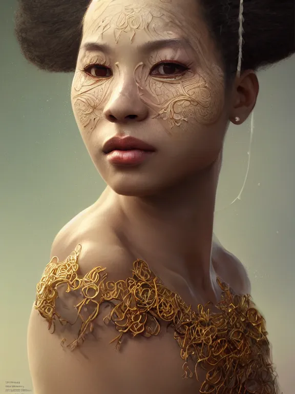 Image similar to beautiful portrait of a Subtropics minority female wearing fantastic costume,ivoy skin,long pigtail,intricate, elegant, highly detailed, dim volumetric lighting, 8k,octane,post-processing,digital painting, trending on artstation, concept art, smooth, sharp focus, illustration,by Tom Bagshaw and Daniel Gerhartz and Albert Aublet and Lawrence Alma-Tadema and alphonse mucha