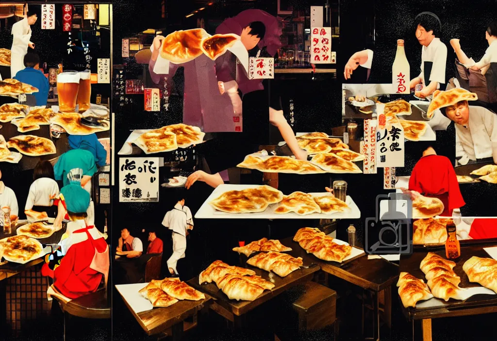 Image similar to night crowd eating gyoza and drinking beer at a nighttime izakaya in shinbashi tokyo, japan, a collage painting, in the style of wes anderson, lola dupre, david hockney, isolated on negative white space background dark monochrome fluorescent neon spraypaint accents volumetric octane render