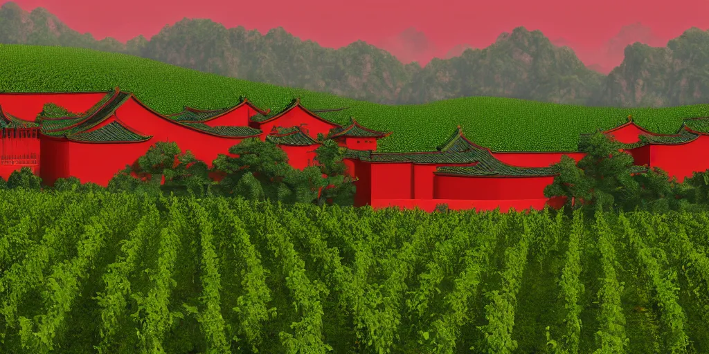 Prompt: A Chinese style winery with red walls and a green roof. The vineyards are sprawling and green, with a river winding through them. In the distance, there are mountains. immaculate scale, hyper-realistic, Unreal Engine, Octane Render, digital art, trending on Artstation, 8k, detailed, atmospheric, immaculate