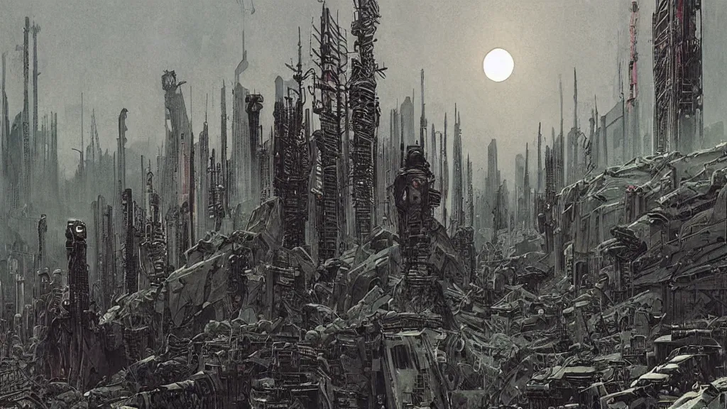 Image similar to group of survivors, megastructures, remnants of the human civilization, post - apocalyspe, machines, bleak, eerie atmospheric, a color illustration by tsutomu nihei, gerald brom and vincent di fate, epic cinematic matte painting