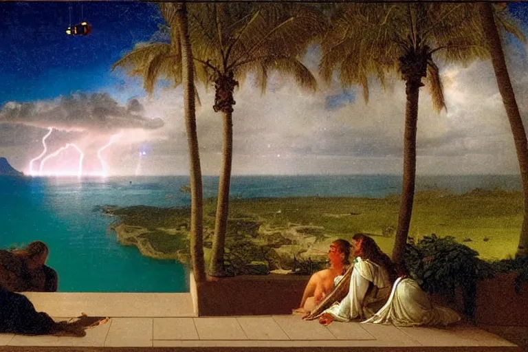 Image similar to From inside of the palace, refracted lightnings on the ocean, thunderstorm, greek pool, beach and Tropical vegetation on the background major arcana sky and occult symbols, by paul delaroche, hyperrealistic 4k uhd, award-winning, very detailed paradise