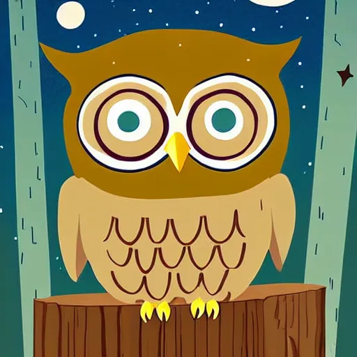 Image similar to a cute cartoon picture of an adorable owl of athena!! next to a a jar of fireflies! in the woods, a storybook illustration by arabella rankin and nyuju stumpy brown, behance contest winner, context art, storybook illustration, pop surrealism, nightscape, digital illustration