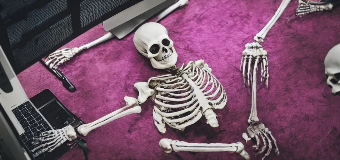 Image similar to the skeleton lies on the ground in front of the computer, magenta and blue