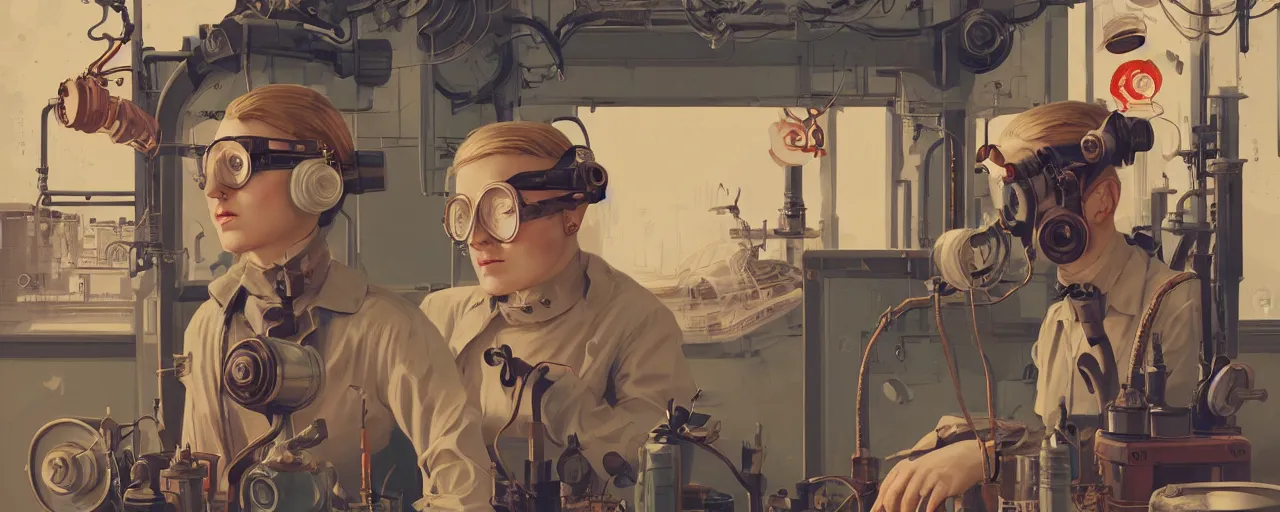 Prompt: vintage illustration 3 / 4 portrait of stoic heroic emotionless butch blonde woman engineer with short slicked - back hair, wearing victorian goggles, awkward and uncomfortable and anxious, dynamic composition by sachin teng and sergey kolesov and ron cobb. industrial space program, scifi, hyper detailed. octane render. concept art. trending on artstation