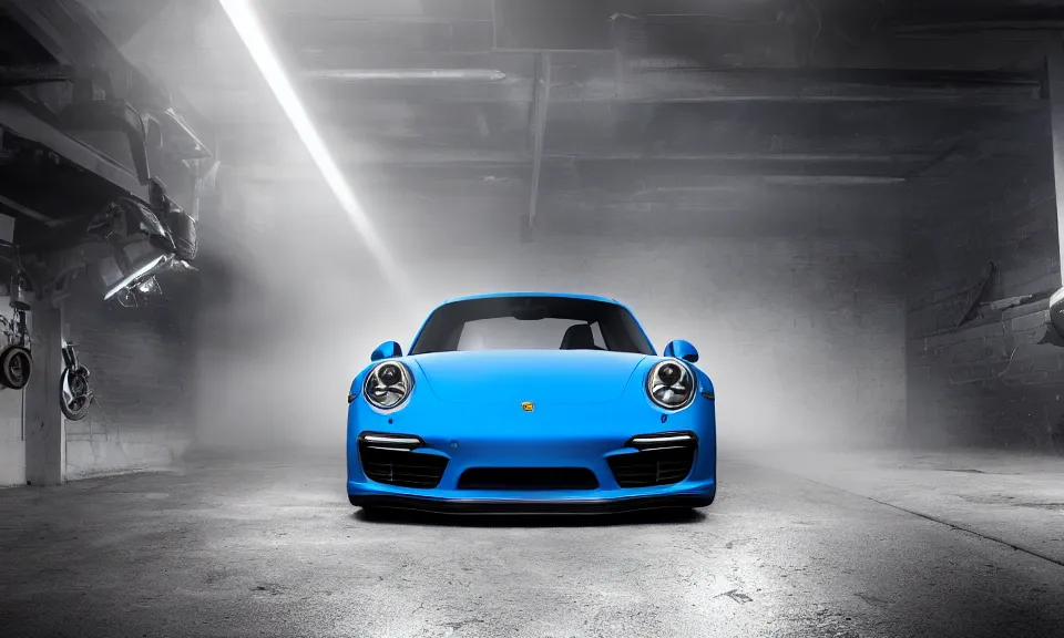 Image similar to photograph of a blue porsche 911 standing in a garage, centered, mist, volumetric light, cinematic lighting, octane render, 4k, ultra realistic, reflections, cinematic