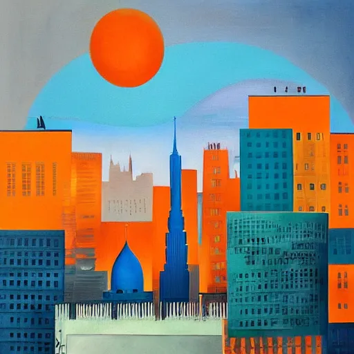 Image similar to A beautiful painting of a cityscape. The different colors and shapes represent different parts of the city. cool orange, light blue, Google by Igor Morski, by Walt Disney, by Ben Shahn