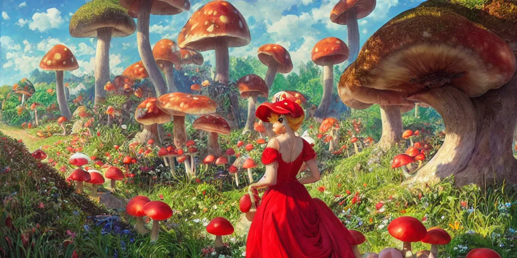 Prompt: princess peach roaming through a landscape, Mushroom Kingdom, Super Mario Theme, giant red and white spotted mushrooms, by Stanley Artgerm Lau , greg rutkowski, thomas kindkade, alphonse mucha, loish, norman Rockwell