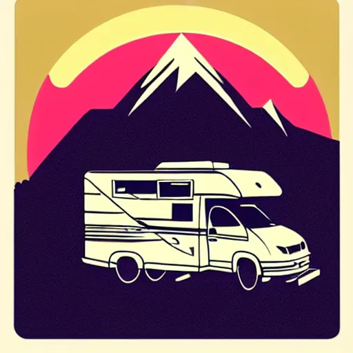 Image similar to sticker of a white and black cute thor chateau! motorhome camper!!, mountains, colorful sunset!!, stencil, sticker!! by tom whalen