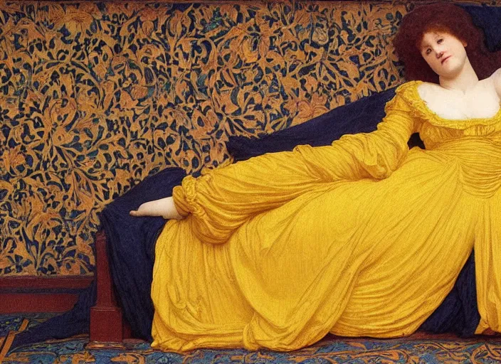 Image similar to portrait of lady reclining on bed wearing yellow ochre ornate medieval dress, foreshortening, framed, preraphaelite colour photography by frederic leighton, william morris, 8 k