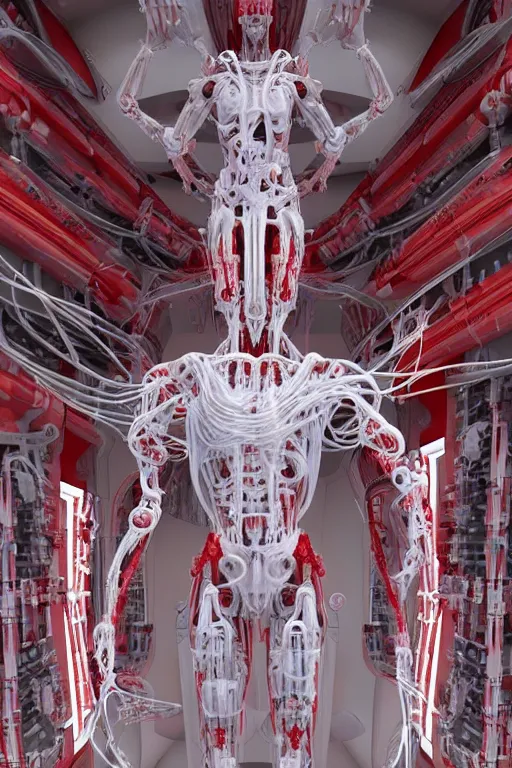 Image similar to high detailed white space station interior a statue jesus on cross made of red marble, perfect symmetrical body, full body shot, inflateble shapes, wires, tubes, veins, jellyfish, white biomechanical details, wearing epic bionic cyborg implants, masterpiece, intricate, biopunk, vogue, highly detailed, artstation, concept art, cyberpunk, octane render