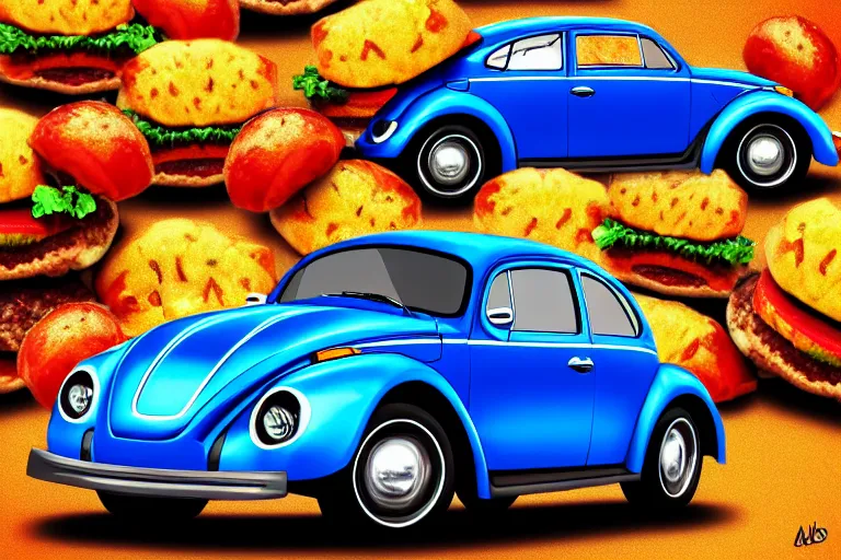 Image similar to a blue beetle car with burgers for wheels, digital art 4 k,