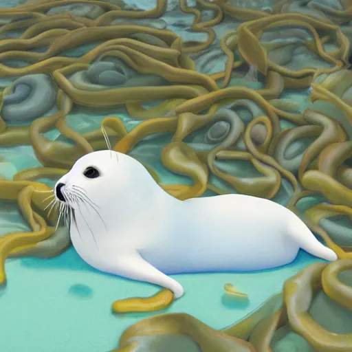 Image similar to Prince in pastel!!!!, **whimsical acrylic modern pop surrealism,** A seal sleeping peacefully in a kelp forest, **cinematic, hyper realistic, detailed, 8k, octane render**.