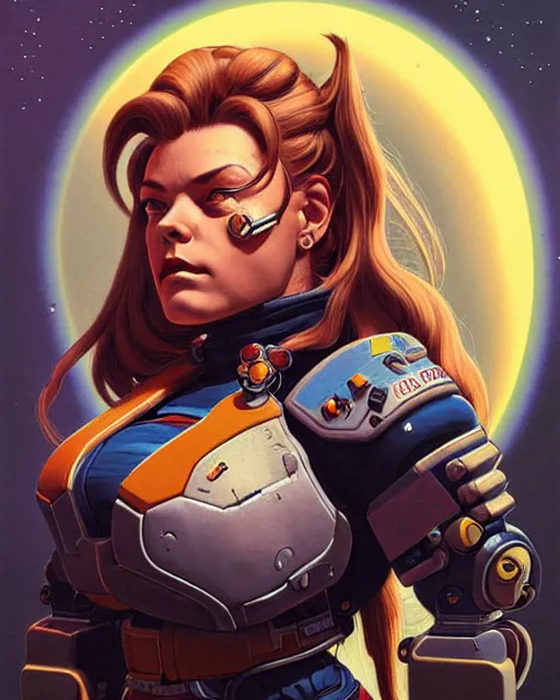 Image similar to brigitte from overwatch, character portrait, portrait, close up, concept art, intricate details, highly detailed, vintage sci - fi poster, retro future, in the style of chris foss, rodger dean, moebius, michael whelan, and gustave dore