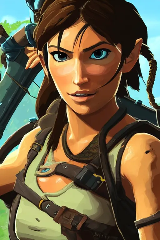 Prompt: an in game portrait of lara croft from the legend of zelda breath of the wild, breath of the wild art style.