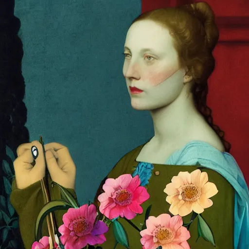 Image similar to a lot of flowers morphing in a beautiful girls face, film still by wes anderson, depicted by pontormo, limited color palette, very intricate, art nouveau, highly detailed, lights by hopper, soft pastel colors, minimalist