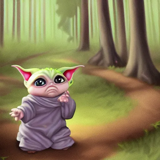 Prompt: baby yoda follows a trail on the ground of Reese's Pieces back to the forest, digital art, UE5.