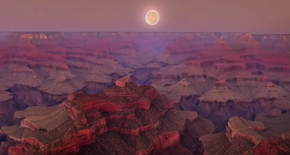 Prompt: The Grand Canyon at night during a Blood Moon Lunar Eclipse, evil, demonic, enchanting, misty, haze, clouds, angelic, flowers, nature, symmetry, environment concept, cinematic, Rendered in Octane, cgsociety, moody lighting rendered by octane engine, cinematic lighting, intricate details, 8k detail post processing, hyperealistic, photo realism, by Stephen King