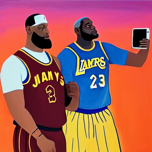 Image similar to bobby hill and lebron james taking a selfie, nba, kill of the hill, oil on canvas, trending on artstation