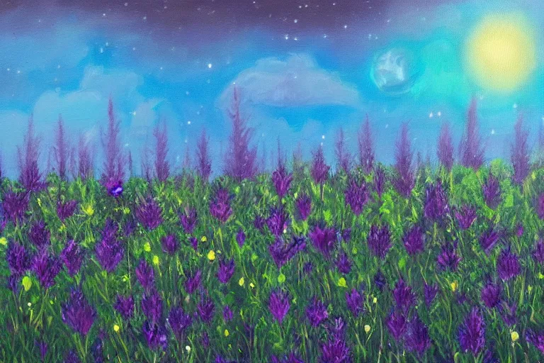 Prompt: a oil painting of a extraterrestrial alien lost in a meadow, tall plants, purple lighting, night sky, glows, moonlight,