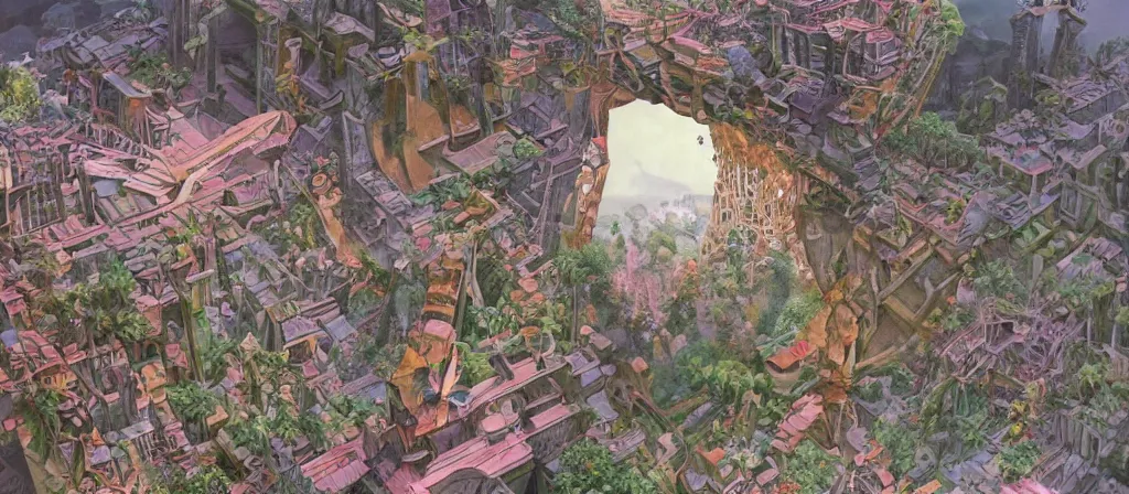 Image similar to huge gargantuan angular dimension of pagoda liminal spaces, temples by escher and ricardo bofill. utopian singaporean landscape by roger dean. magical realism, surrealism, lush sakura trees, waterfalls, thunder, lightning, cyberpunk, shot from below, epic scale