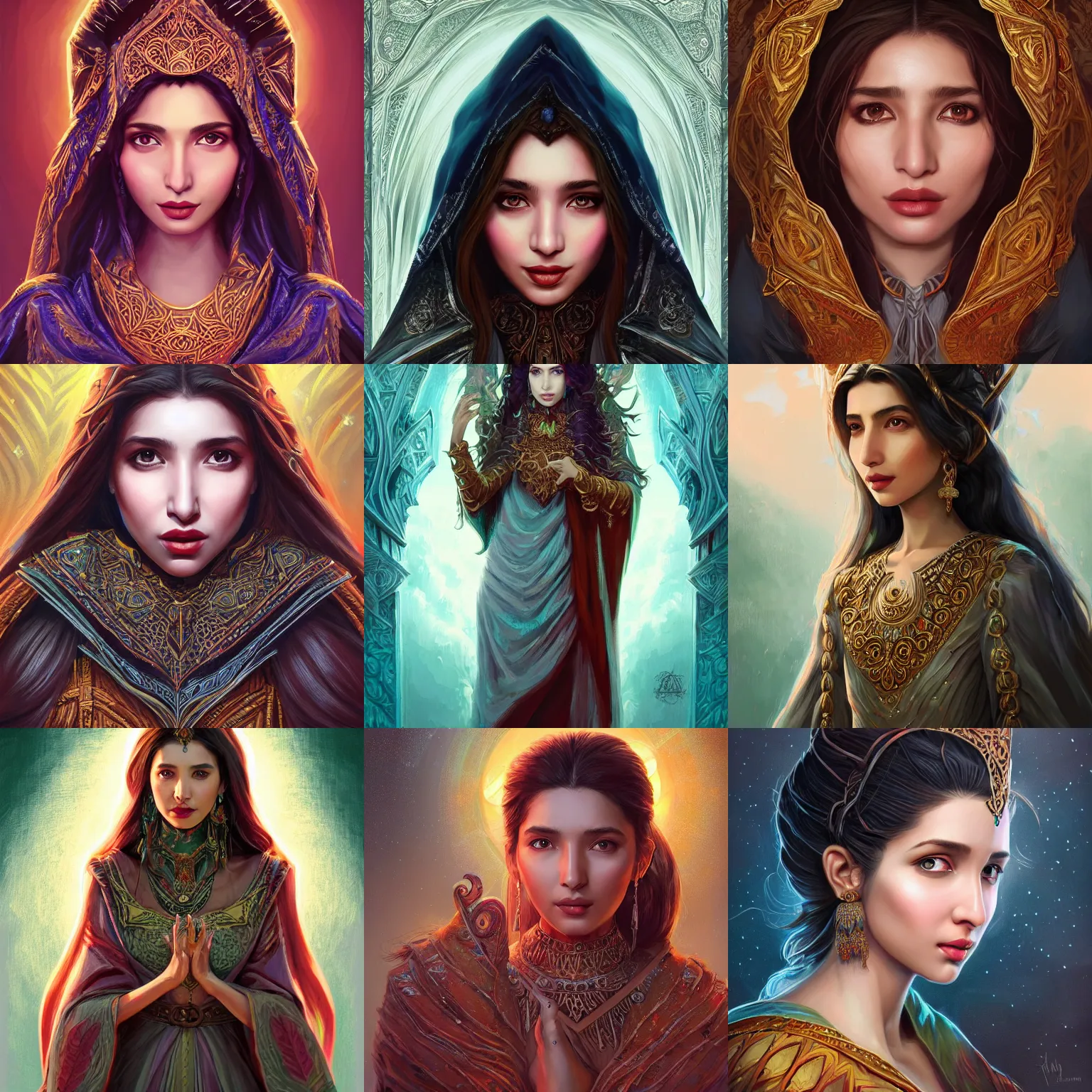 Image similar to head-on centered symmetrical painted portrait, Mahira Khan as a D&D wizard, intricate fantasy robes, fantasy, intricate, elegant, highly detailed, digital painting, smooth, sharp focus, illustration, artstation, in the style of Artgerm and Anna Podedworna and Alex Ross