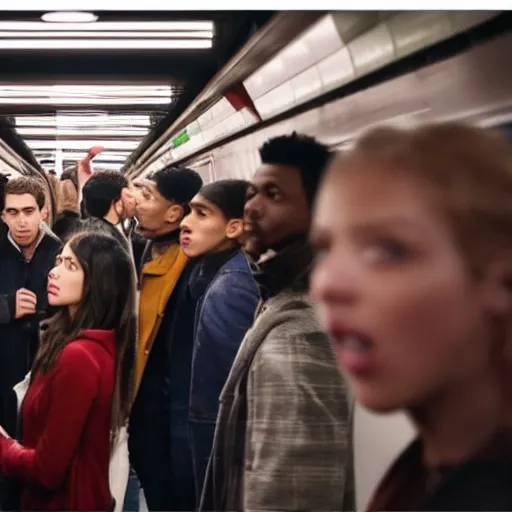 Image similar to A group of friends talking while standing inside a crowded compartment of the New York metro, cinematic, 4k, thriller