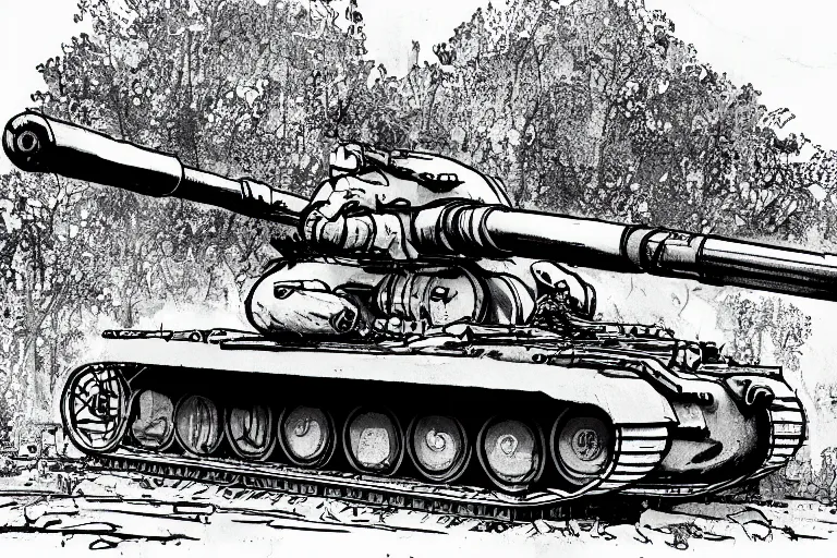 Prompt: oversized maus 1 0 0 - ton german tank, world war 2, artist's impression, crushing trees under track, steampunk, dieselpunk, black and white pen ink art