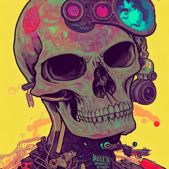 Prompt: a beautiful painting of a cyberpunk skull by sachin teng and pascal blanche and alphonse mucha! and nekro! and josan gonzalez!. in style of digital art. colorful comic, film noirs, akira, brush stroke, vibrating colors, hyper detailed. octane render. trending on artstation